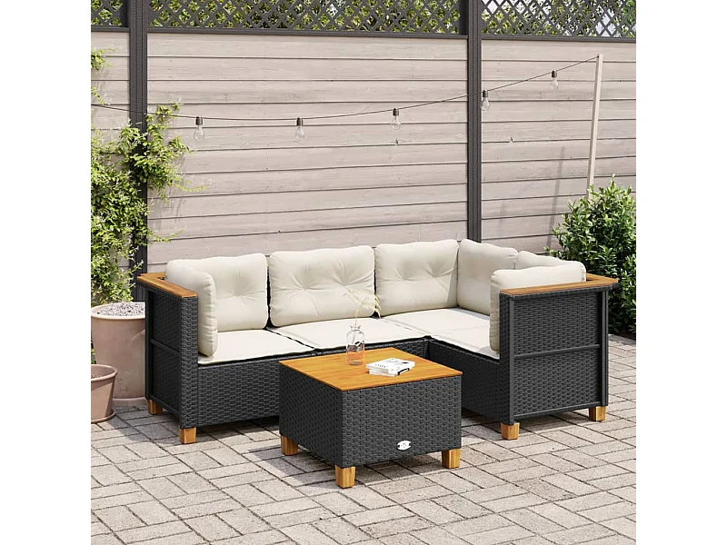 5 peças conjunto sofás de jardim com almofadões vime PE preto