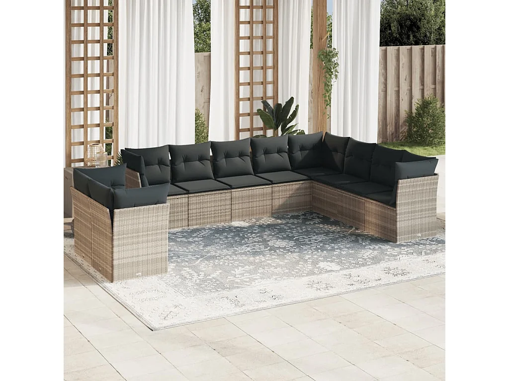 Salon de jardin avec coussins 10 pièces gris clair résine tressée