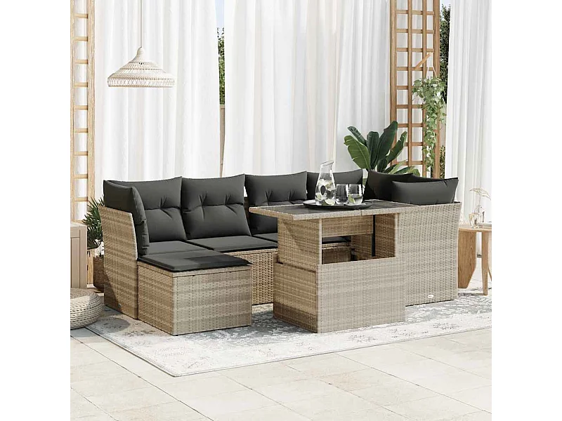 Set de sofás de jardín 7 piezas con cojines ratán PE gris claro