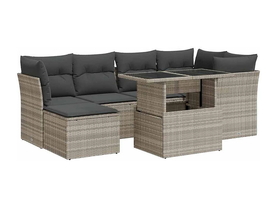 Set de sofás de jardín 7 piezas con cojines ratán PE gris claro