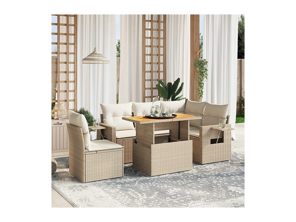 6-delige Loungeset met kussens poly rattan beige