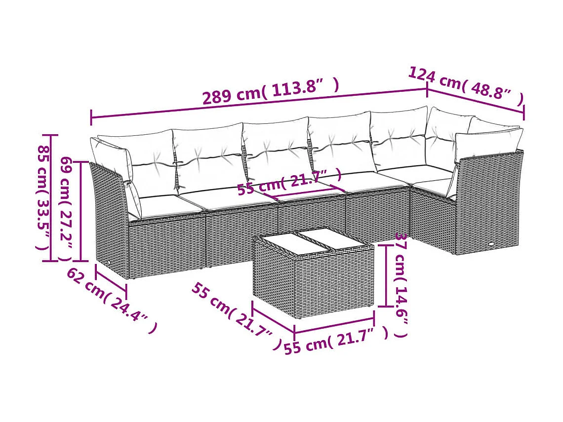 7-delige Loungeset met kussens poly rattan bruin