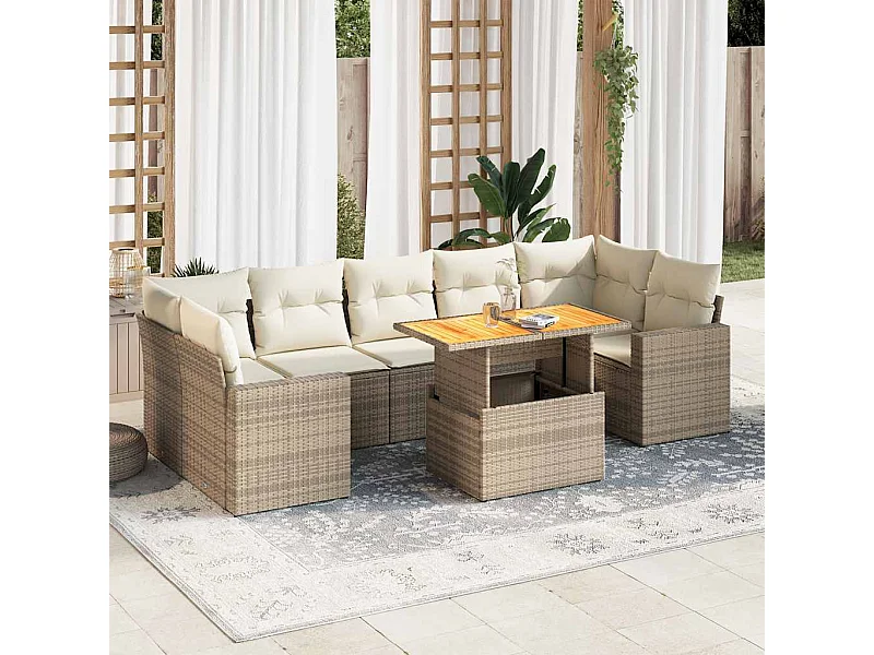 8 peças conjunto de sofás para jardim com almofadões vime PE bege