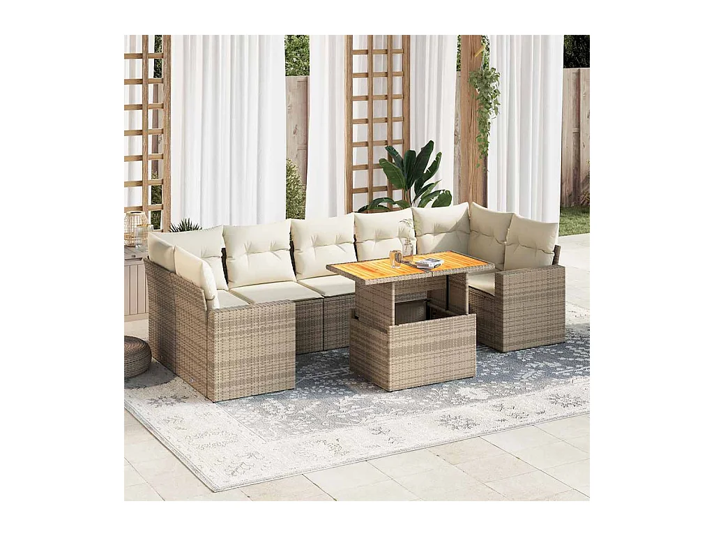 Salon de jardin avec coussins 8 pièces beige résine tressée