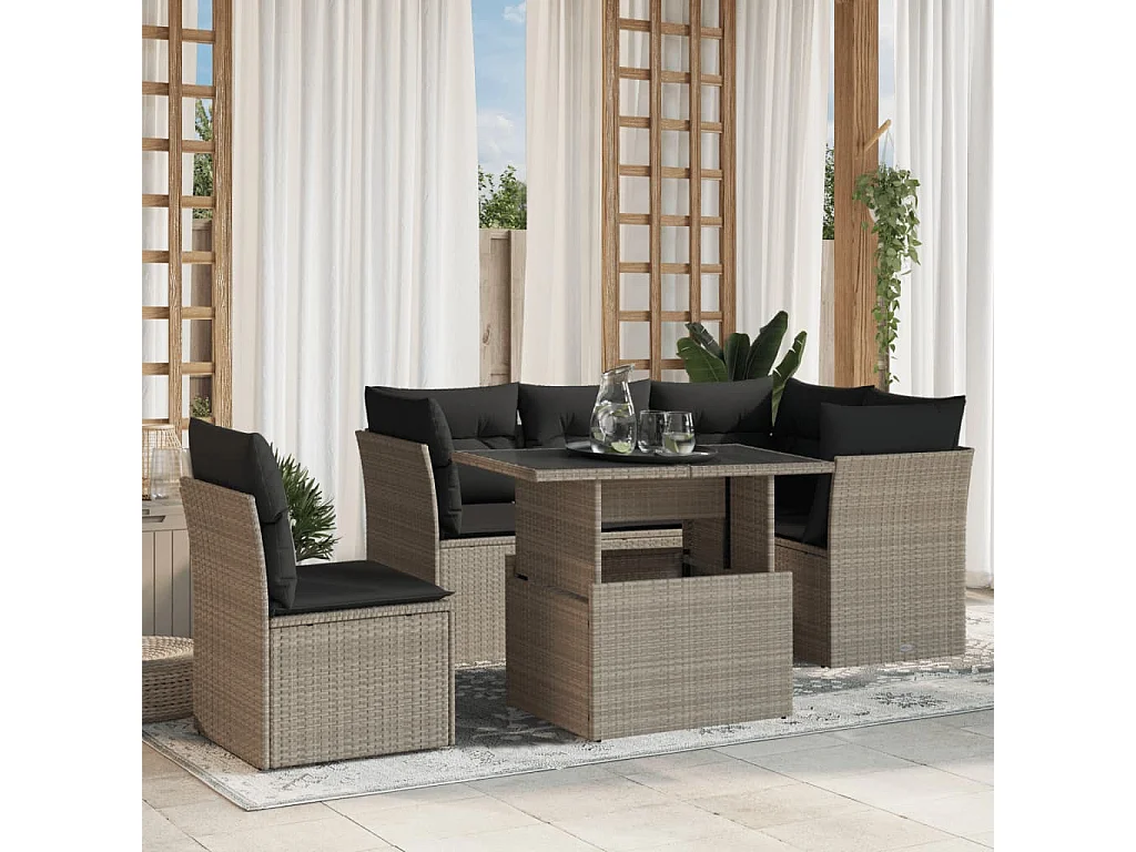 Salon de jardin 6 pièces avec coussins gris clair résine tressée