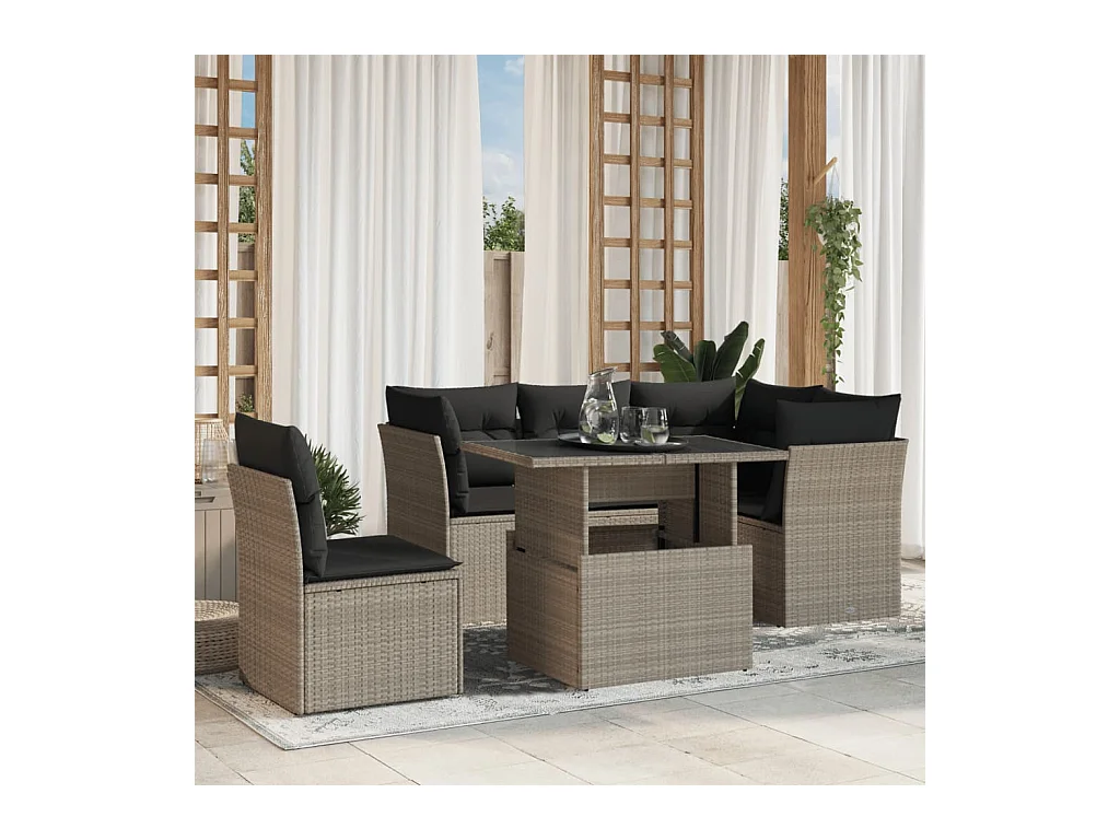 6-delige Loungeset met kussens poly rattan lichtgrijs