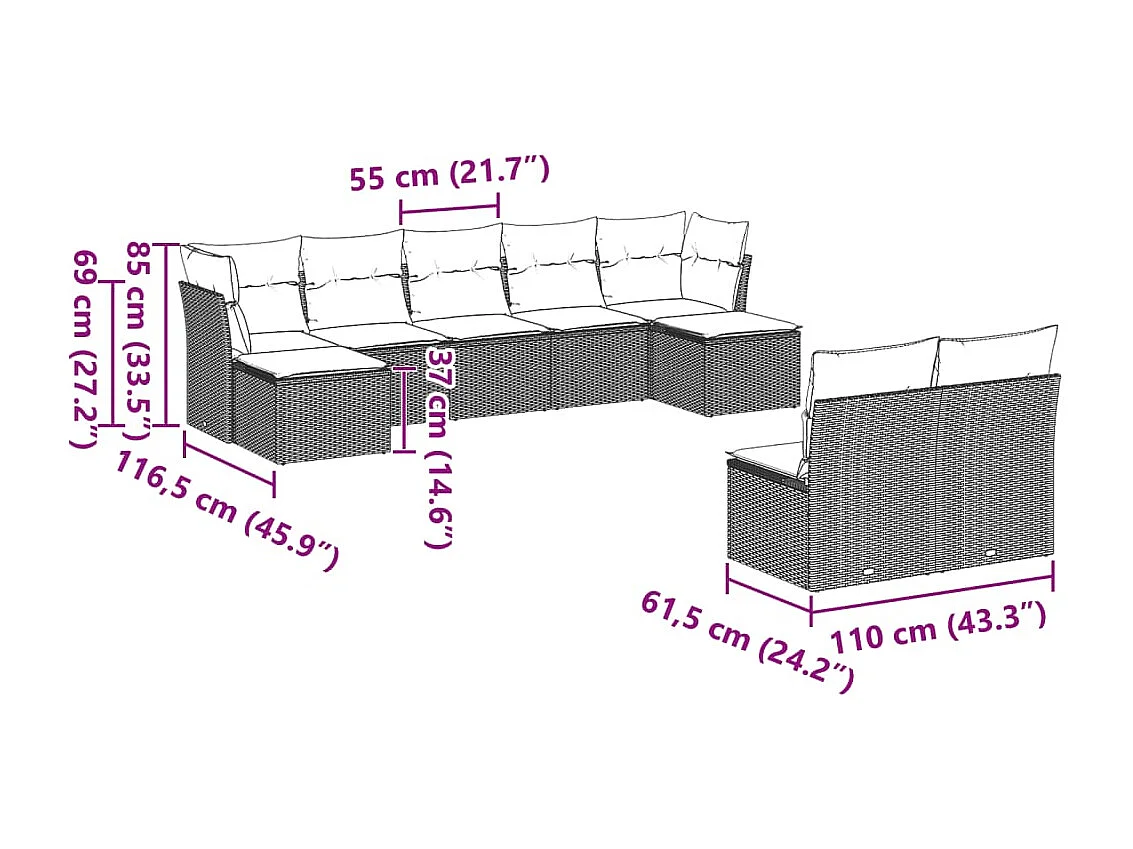 Salon de jardin 9 pièces avec coussins gris clair résine tressée