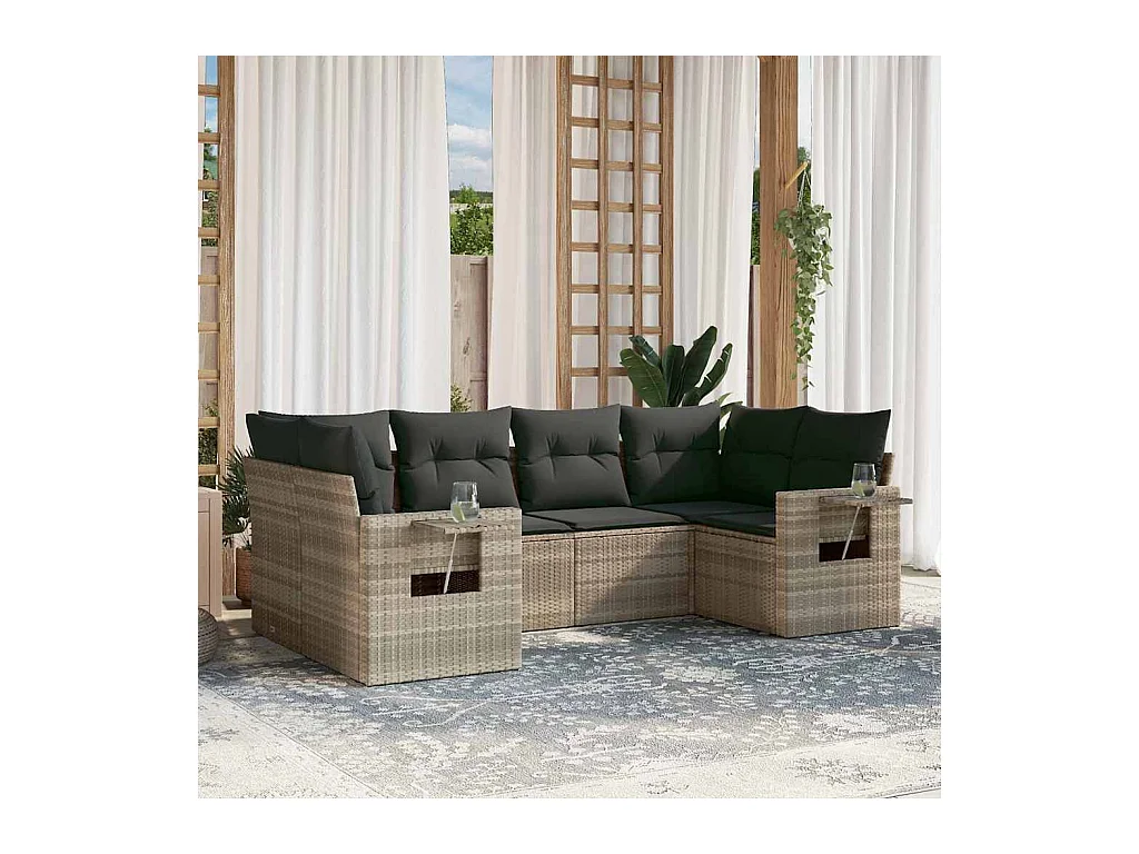 Salon de jardin 6 pièces avec coussins gris clair résine tressée