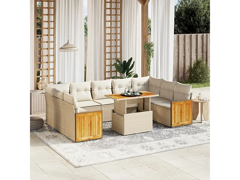 Salon de jardin avec coussins 10 pièces beige résine tressée