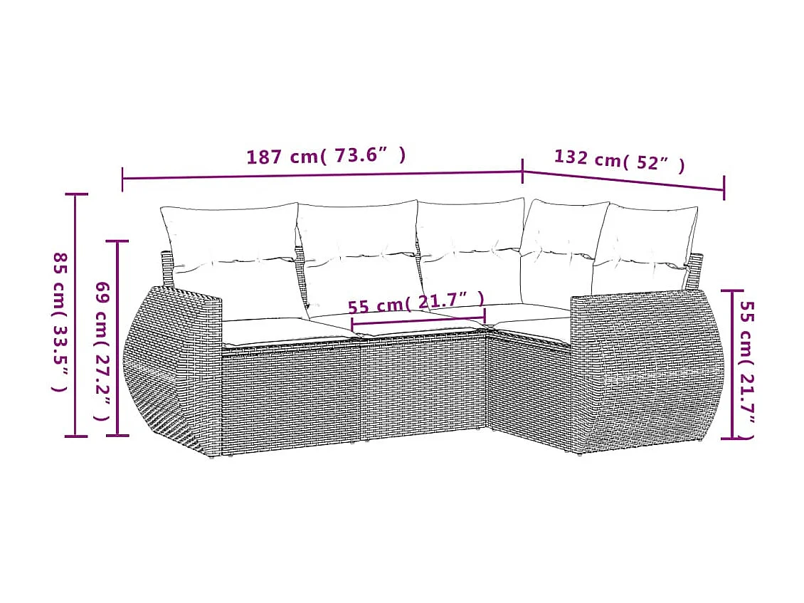4-delige Loungeset met kussens poly rattan bruin
