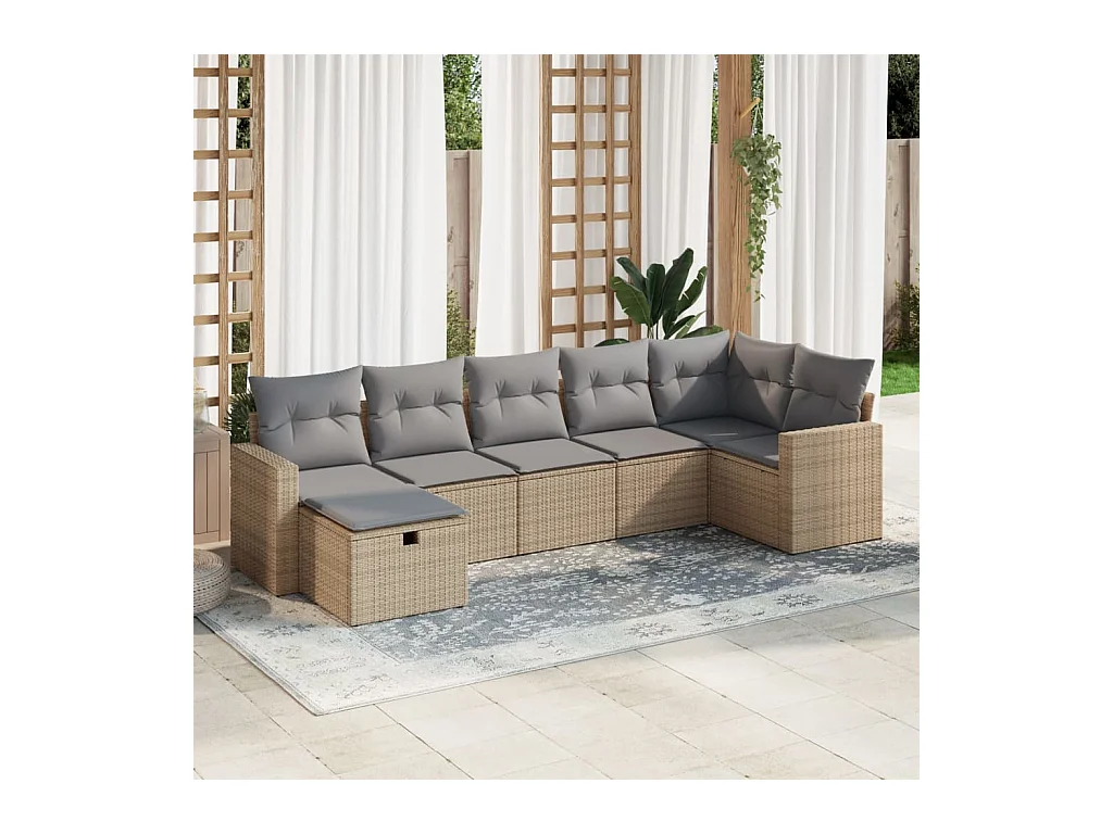 7 peças conjunto de sofás para jardim com almofadões vime PE bege