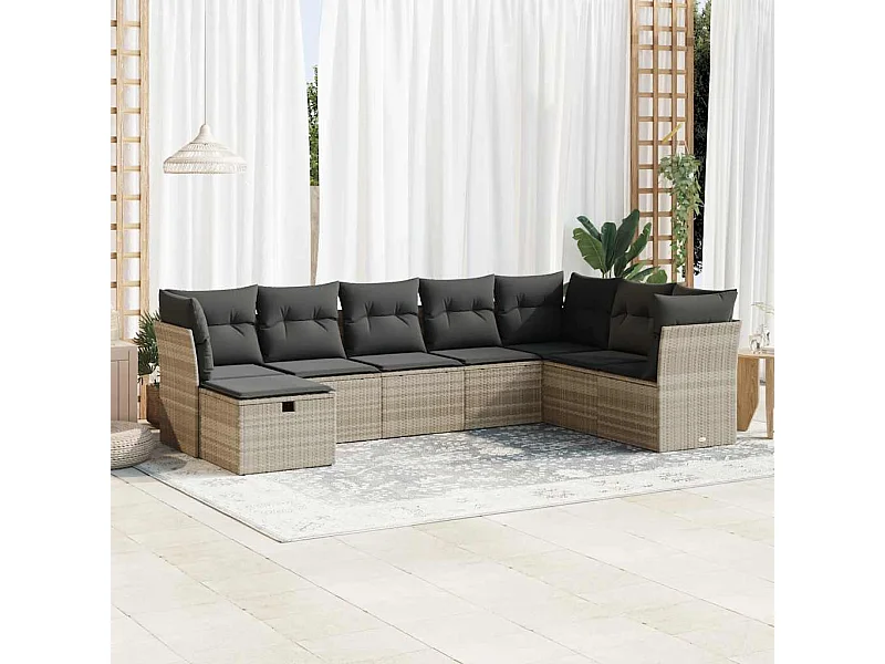 Salon de jardin 8 pièces avec coussins gris clair résine tressée
