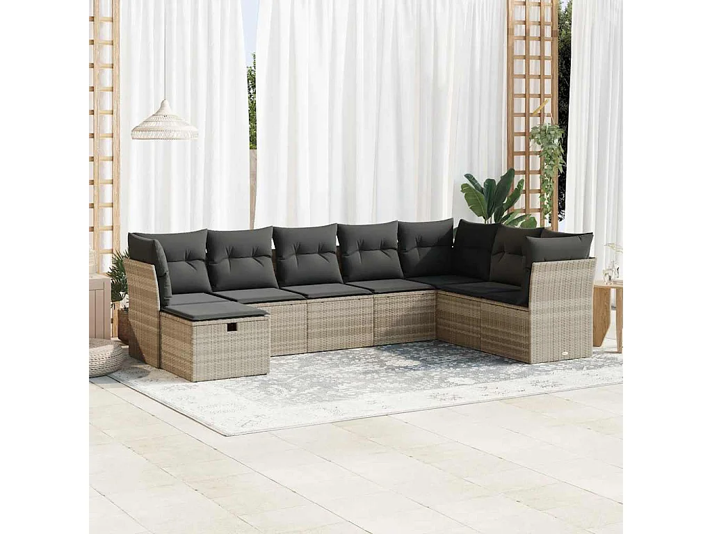 Salon de jardin 8 pièces avec coussins gris clair résine tressée