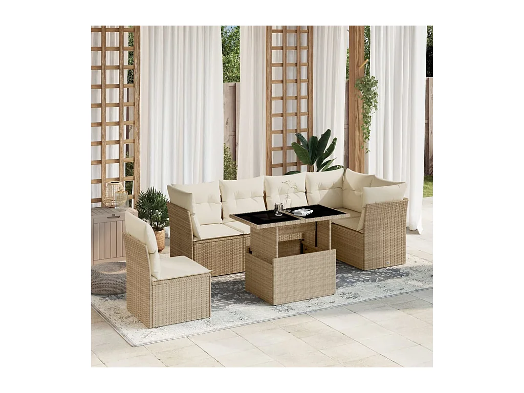 7-delige Loungeset met kussens poly rattan beige