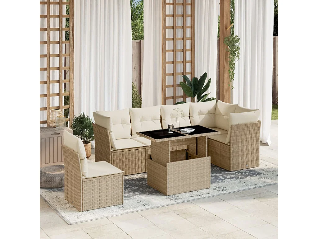 7-delige Loungeset met kussens poly rattan beige