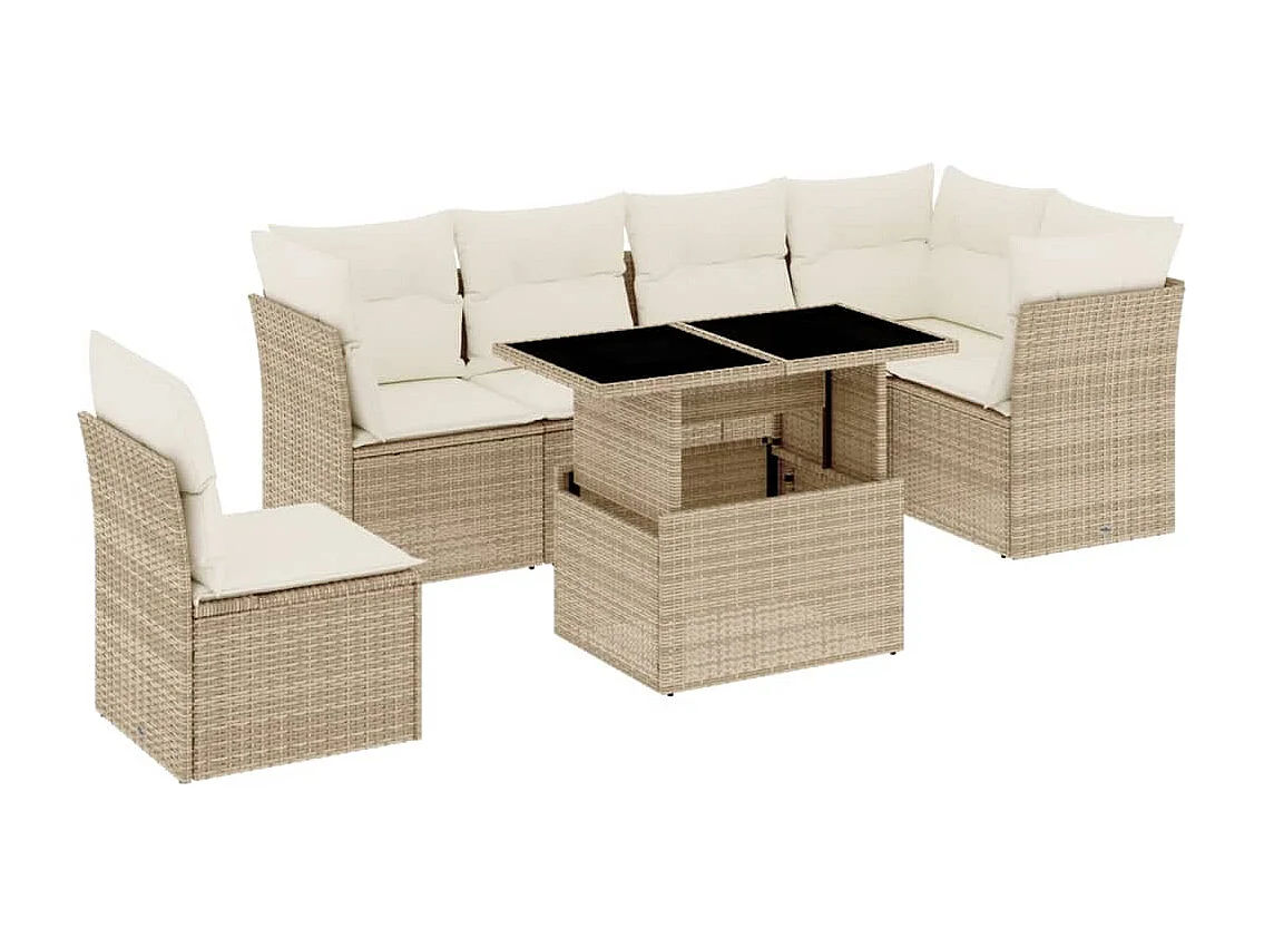 7-delige Loungeset met kussens poly rattan beige
