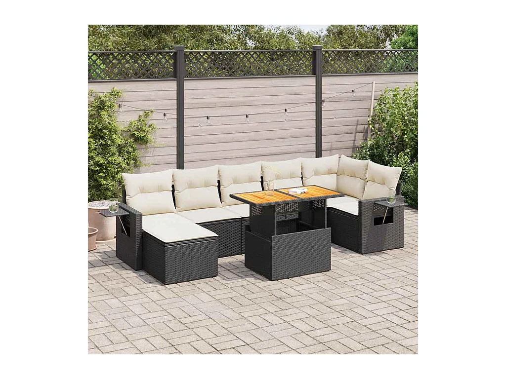 Salon de jardin 8 pièces avec coussins noir résine tressée