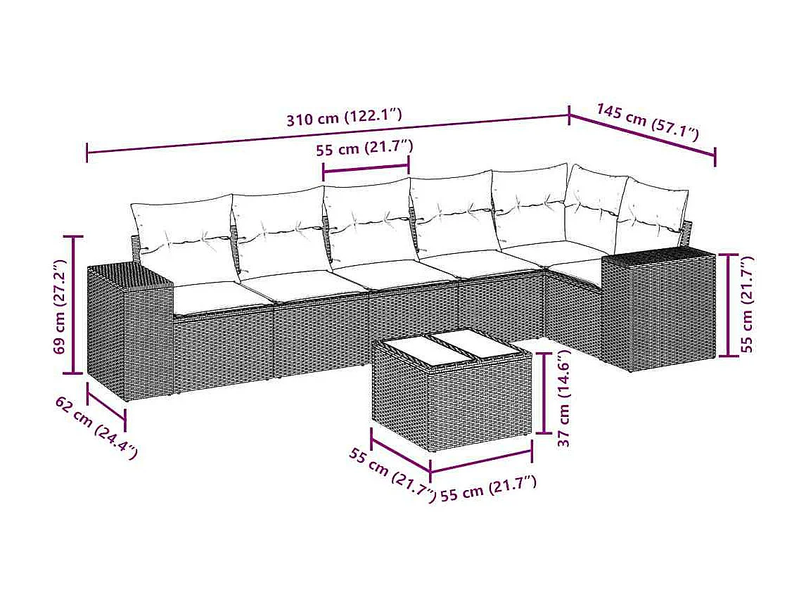 Salon de jardin avec coussins 7 pièces gris clair résine tressée