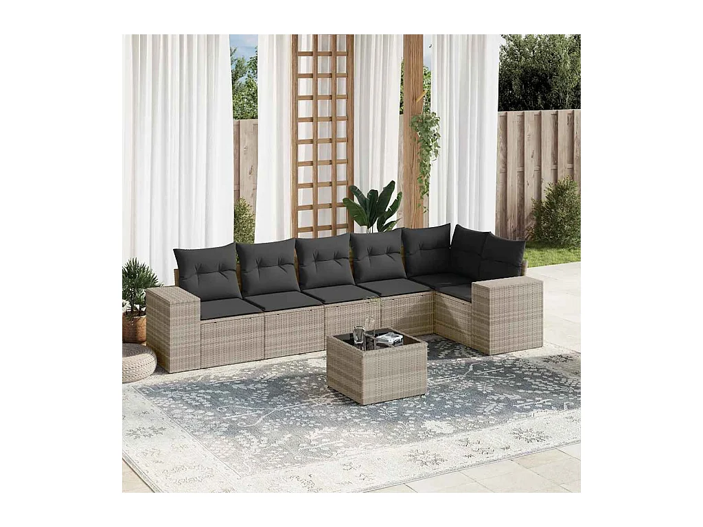 Set de sofás de jardín 7 piezas con cojines ratán PE gris claro