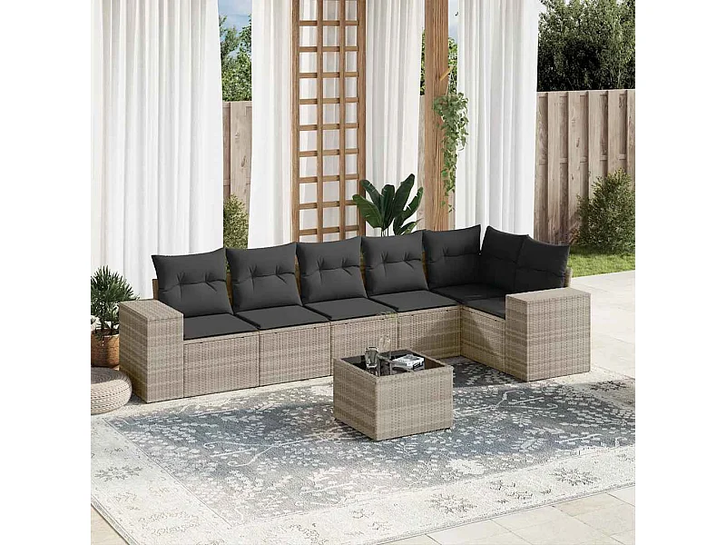 Salon de jardin avec coussins 7 pièces gris clair résine tressée