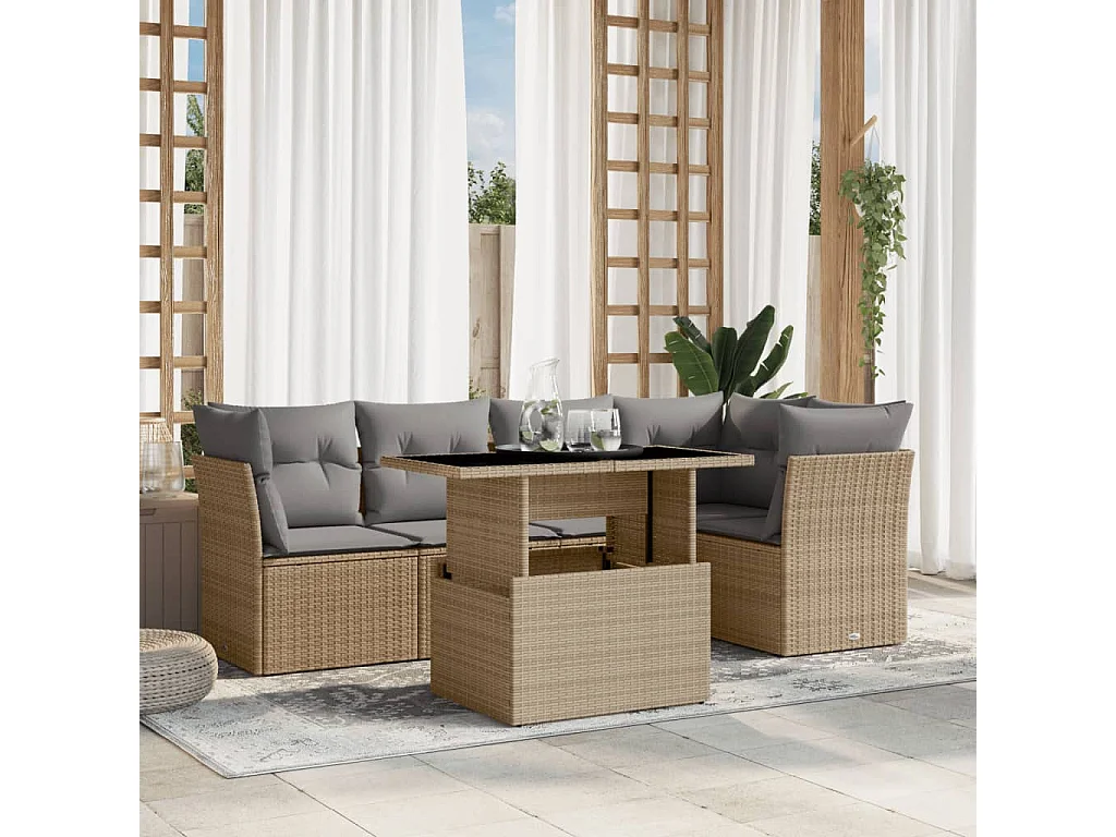 Salon de jardin avec coussins 6 pièces beige résine tressée