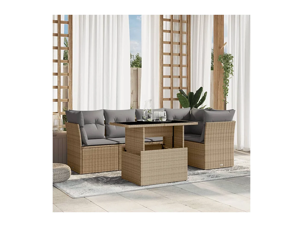 6-delige Loungeset met kussens poly rattan beige