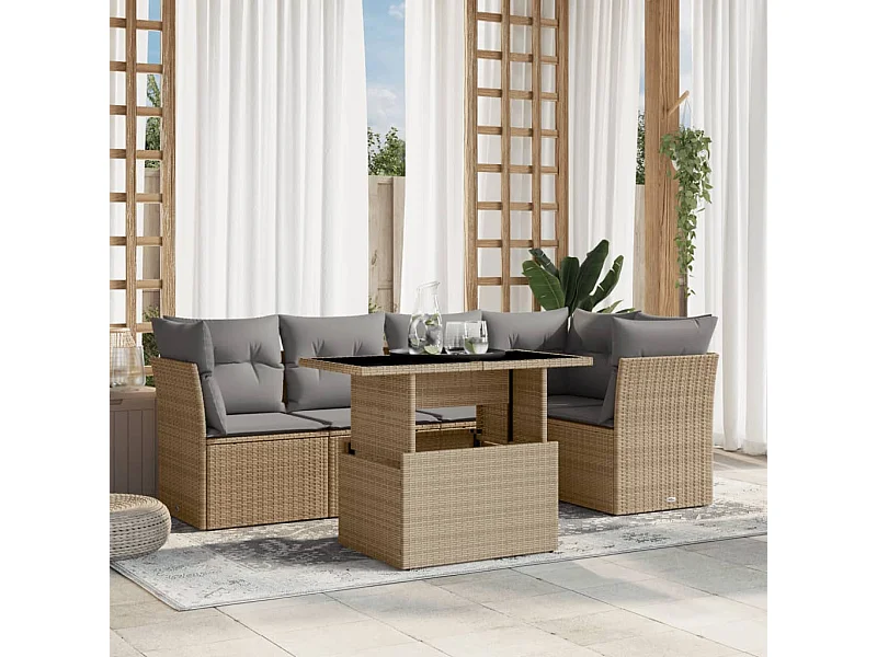 Salon de jardin avec coussins 6 pièces beige résine tressée