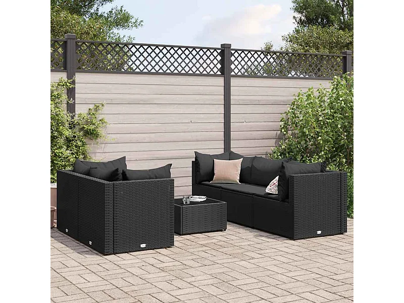 Salon de jardin 6 pièces avec coussins Noir Résine tressée