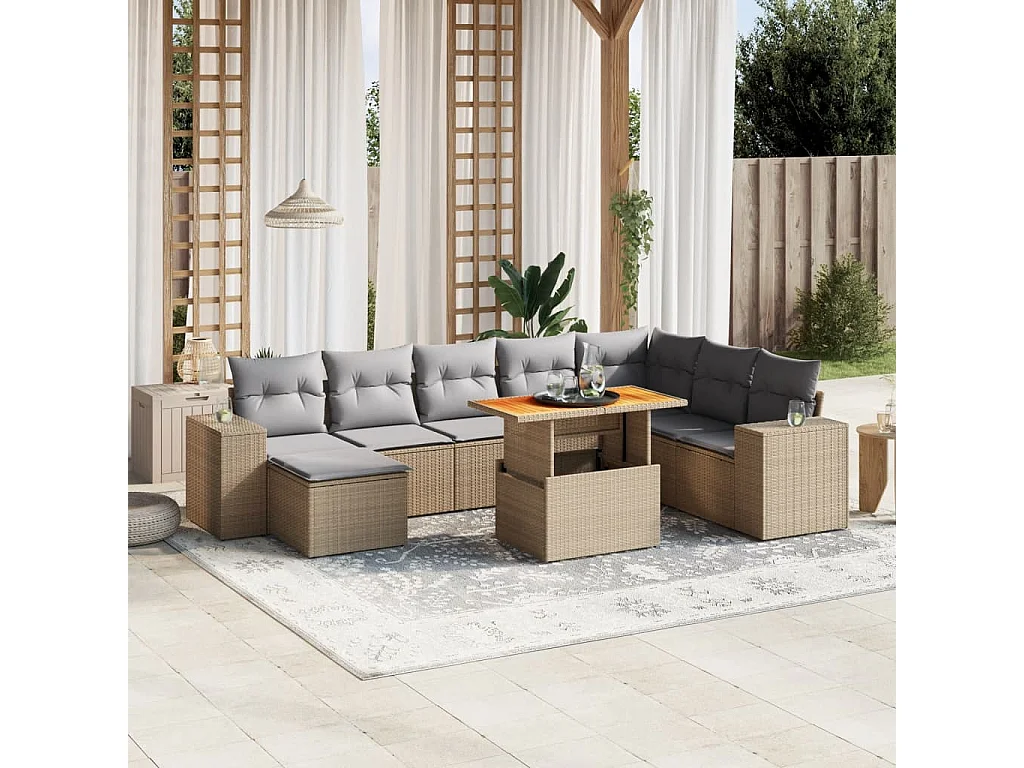 Salon de jardin avec coussins 9 pièces beige résine tressée