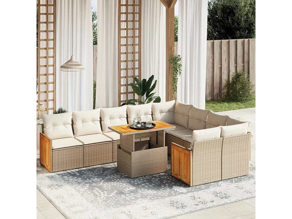 Salon de jardin avec coussins 10 pièces beige résine tressée