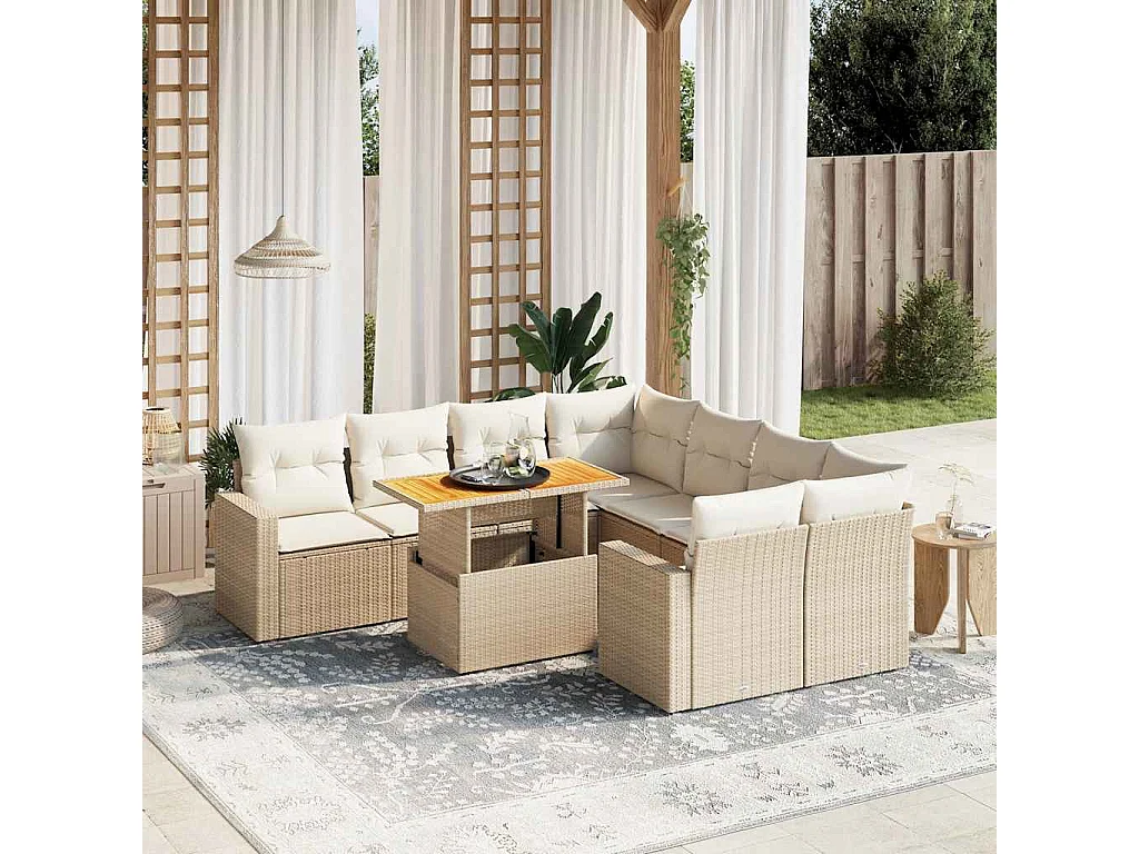 9 peças conjunto de sofás para jardim com almofadões vime PE bege