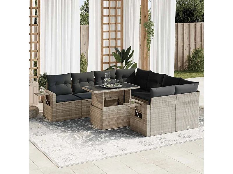 Set muebles jardín 9 piezas y cojines ratán sintético gris claro