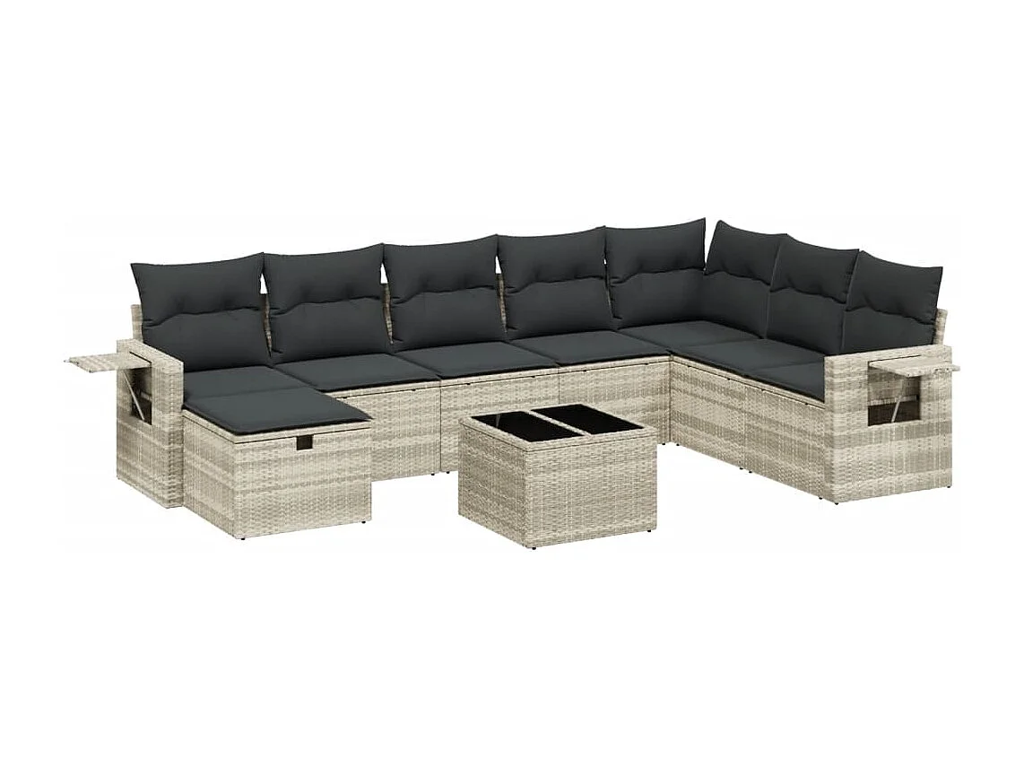9 peças conj. sofás jardim com almofadões vime PE cinzento-claro