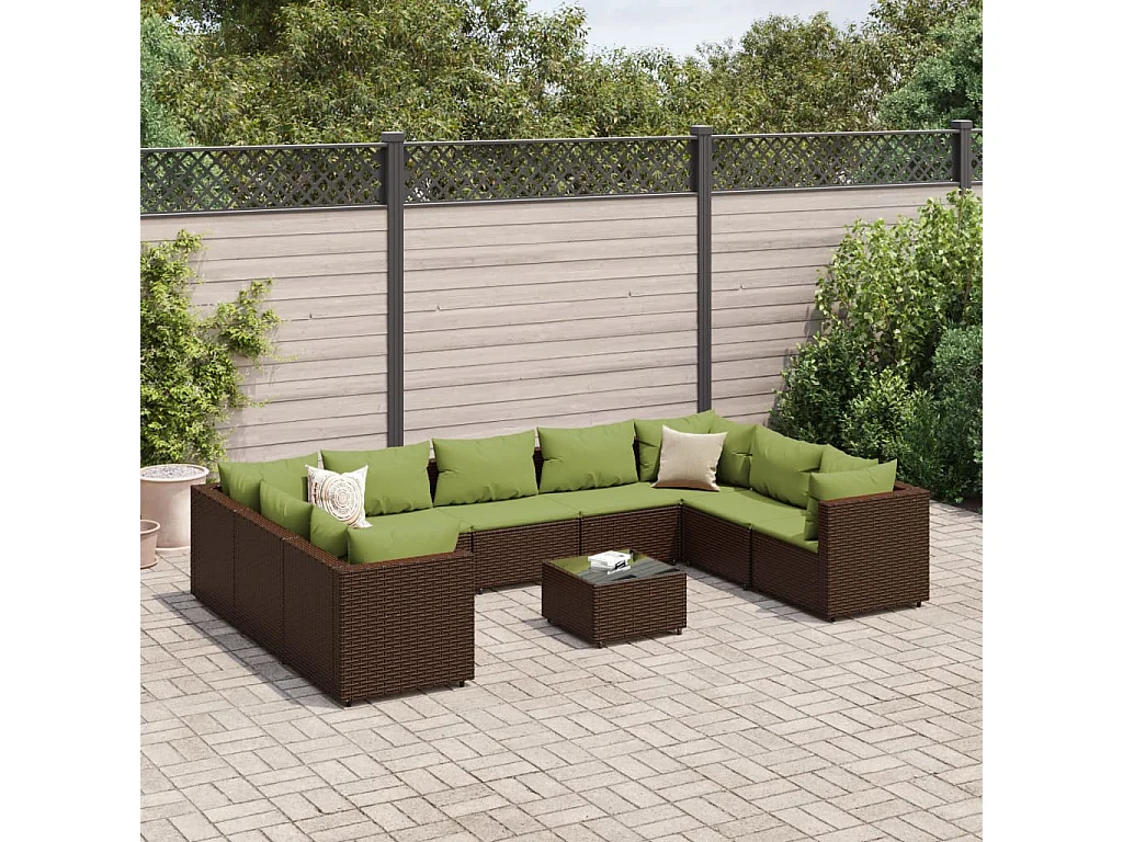 Salon de jardin 10 pièces avec coussins marron résine tressée