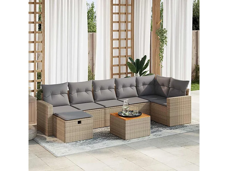 8 peças conjunto de sofás para jardim com almofadões vime PE bege