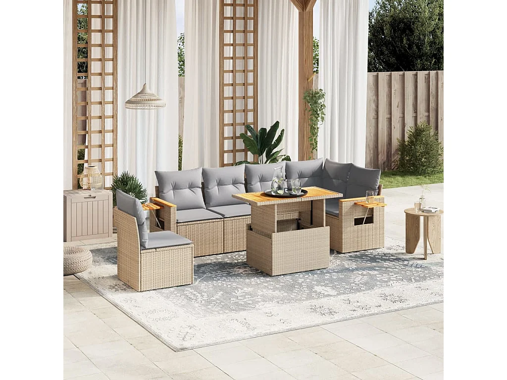 Salon de jardin avec coussins 7 pièces beige résine tressée