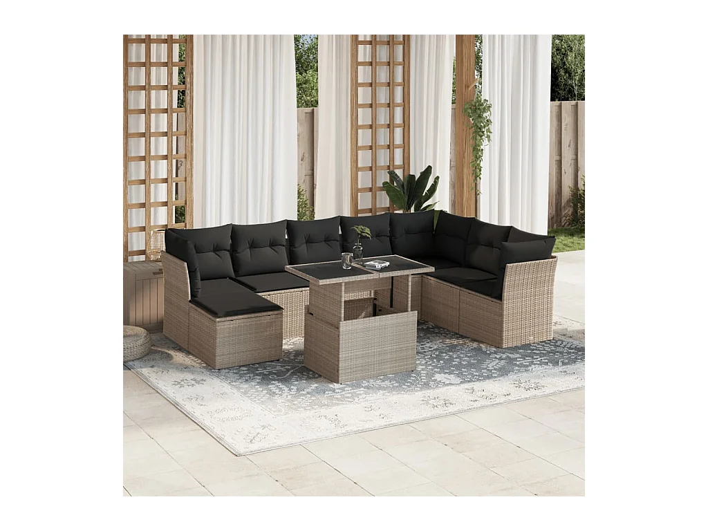 9-delige Loungeset met kussens poly rattan lichtgrijs