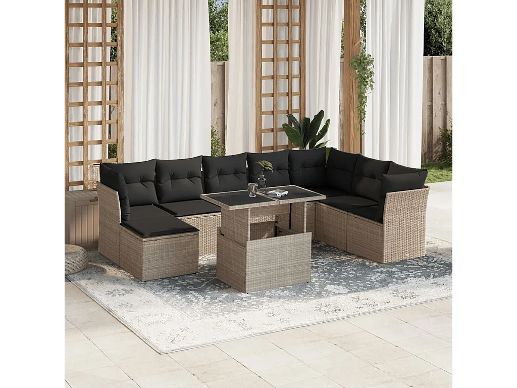 9-delige Loungeset met kussens poly rattan lichtgrijs