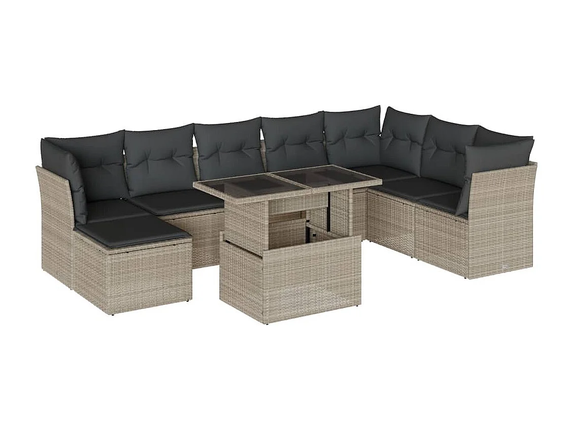 9-delige Loungeset met kussens poly rattan lichtgrijs
