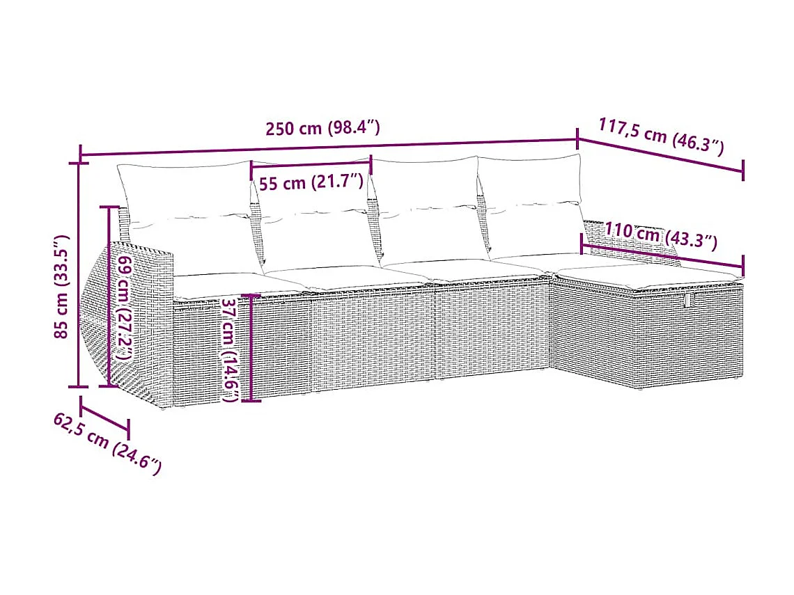 5-delige Loungeset met kussens poly rattan lichtgrijs