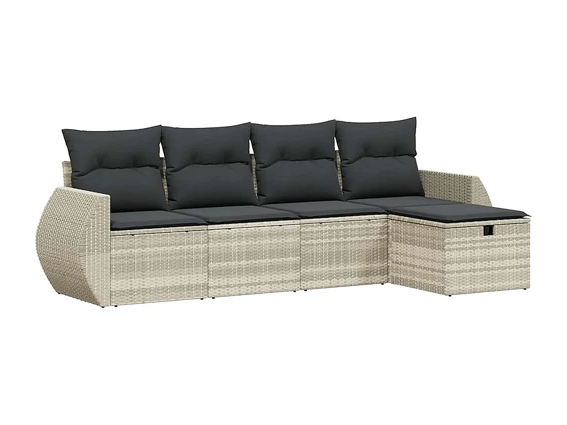 Salon de jardin 5 pièces avec coussins gris clair résine tressée