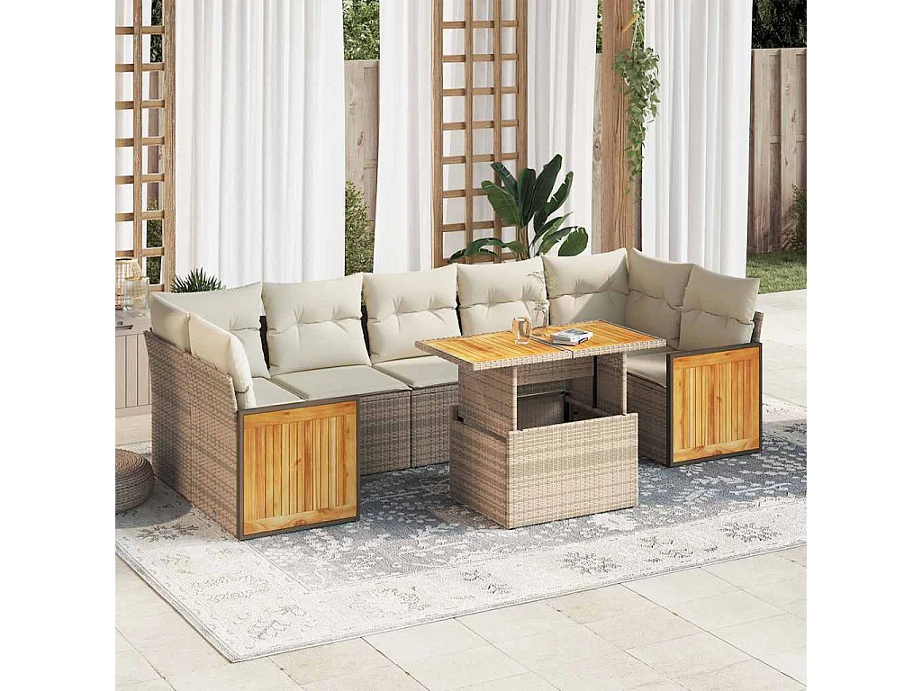 Salon de jardin avec coussins 8 pièces beige résine tressée acacia