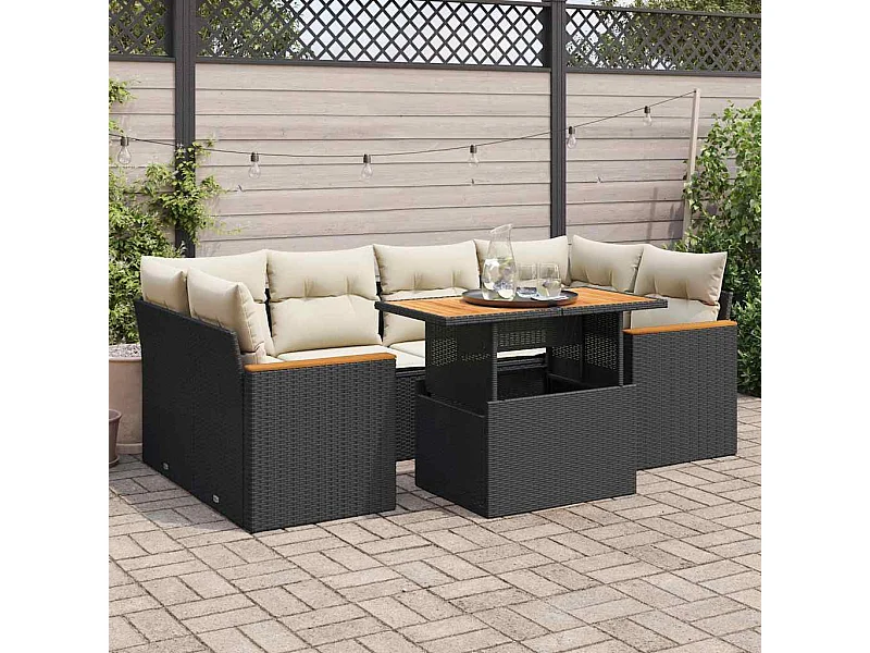 6 peças conjunto sofás jardim com almofadões vime PE/acácia preto