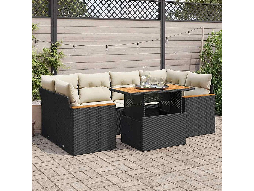 Salon de jardin 6 pièces avec coussins noir résine tressée acacia