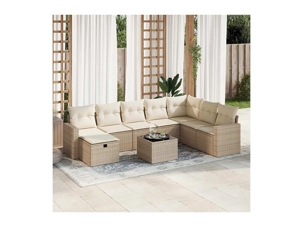 Salon de jardin avec coussins 9 pièces beige résine tressée