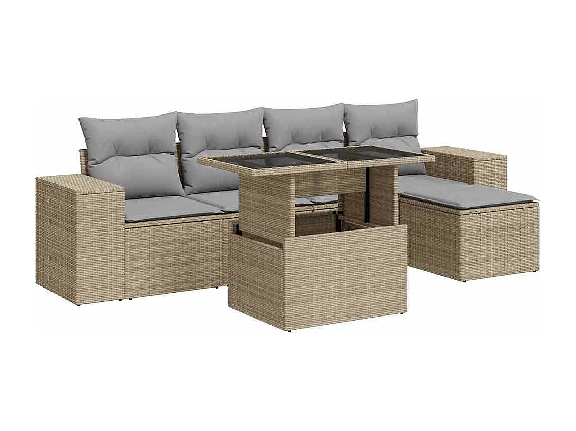 6-delige Loungeset met kussens poly rattan beige