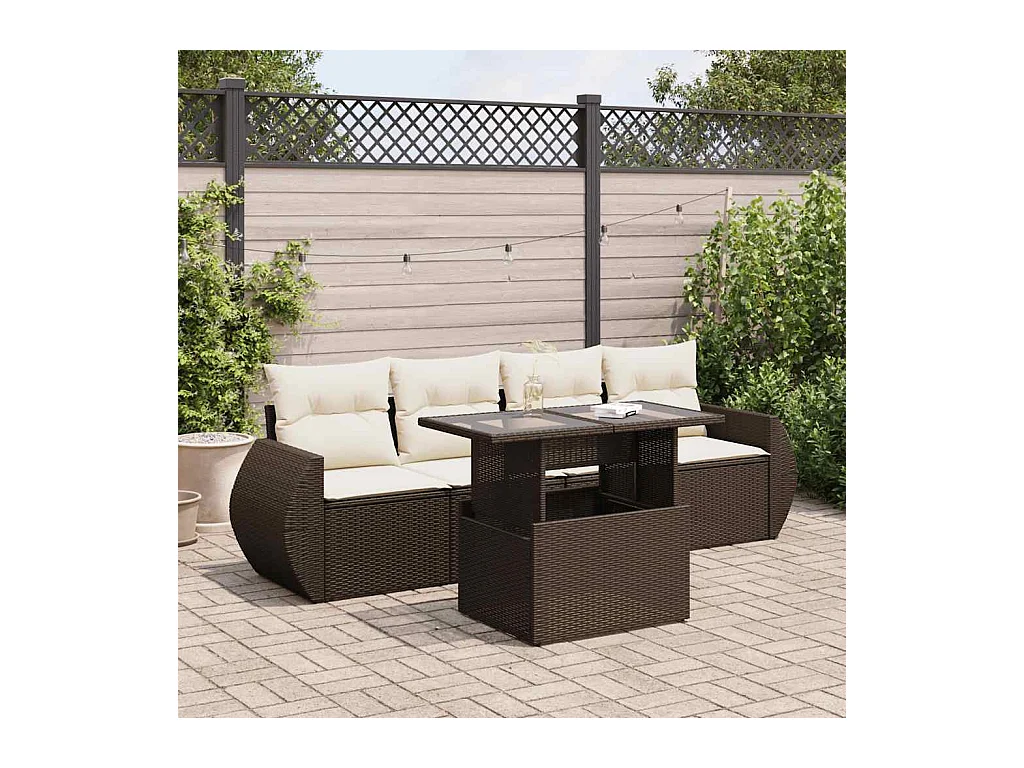 Salon de jardin avec coussins 5 pièces marron résine tressée