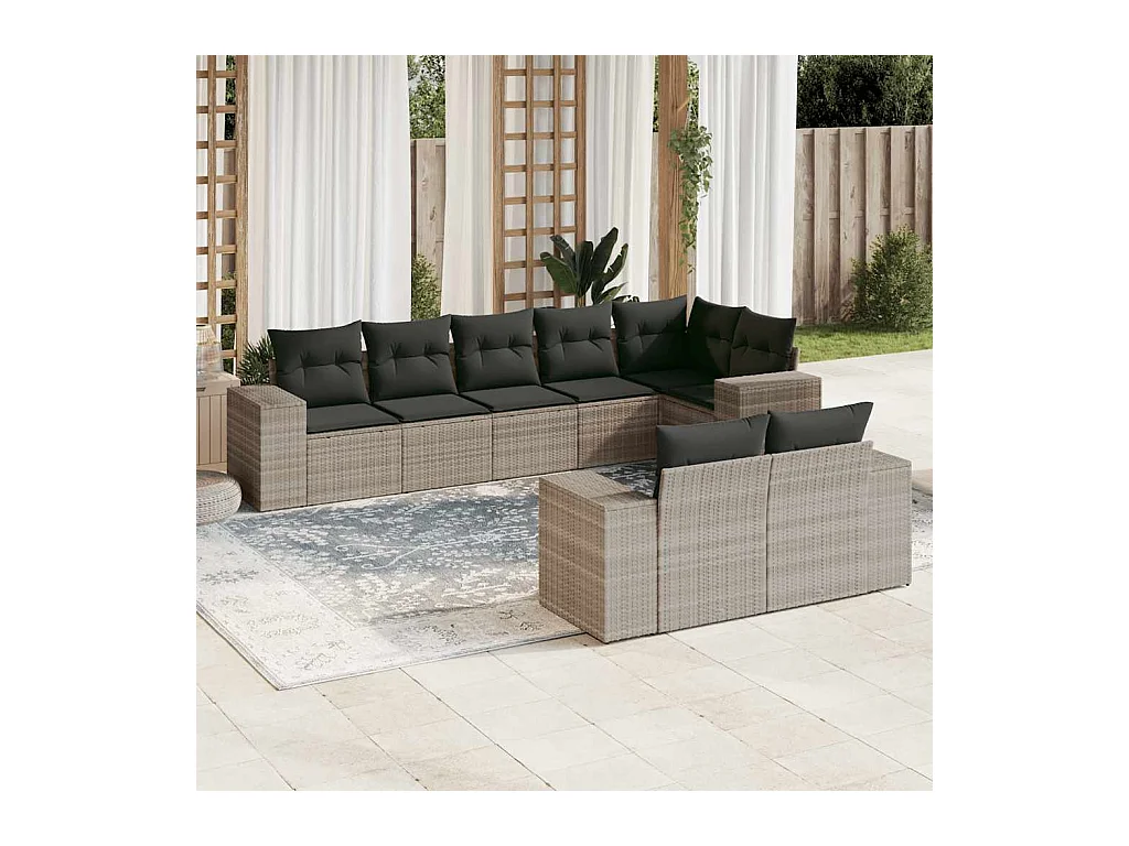 Set de sofás de jardín 8 piezas y cojines ratán sintético gris