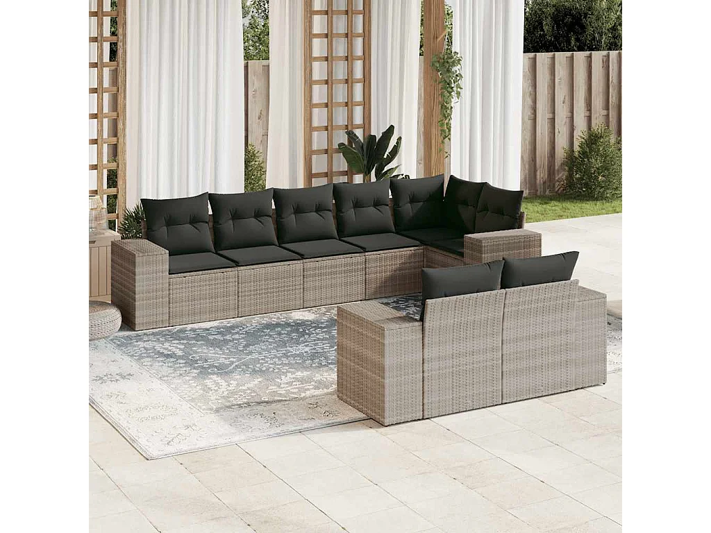 8-delige Loungeset met kussens poly rattan lichtgrijs