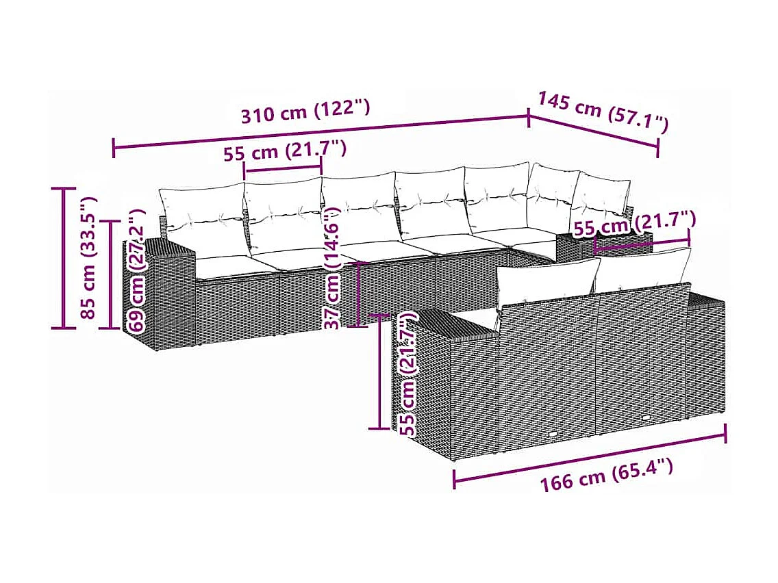 8-delige Loungeset met kussens poly rattan lichtgrijs